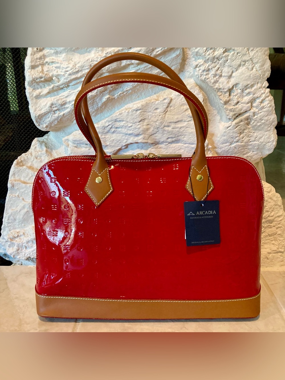 NWT Arcadia Patent Leather Red/Tan Dome Satchel Tote with Vacchetta Detail